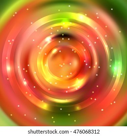 Vector round frame.  Shining circle banner. Vector design. Glowing spiral. Yellow, red, green colors. 