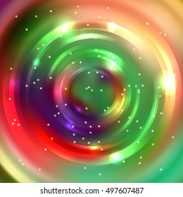 Vector round frame. Shining circle banner. Glowing spiral. Vector illustration. Green, red, yellow colors