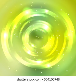 Vector round frame.  Shining circle banner. Vector design. Glowing spiral. Yellow, green colors