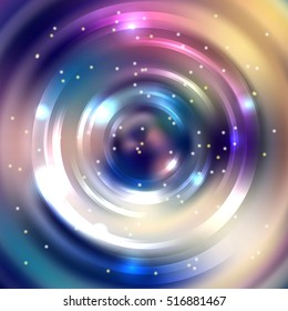 Vector round frame. Shining circle banner. Glowing spiral. Vector illustration. White, beige, blue colors