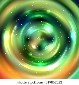 Vector round frame. Shining circle banner. Glowing spiral. Vector illustration. Green, yellow, orange colors