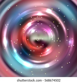 Vector round frame. Shining circle banner. Glowing spiral. Vector illustration. Pink, gray, blue colors. 