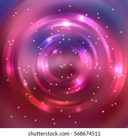Vector round frame. Shining circle banner. Glowing spiral. Vector illustration. Pink, purple colors. 