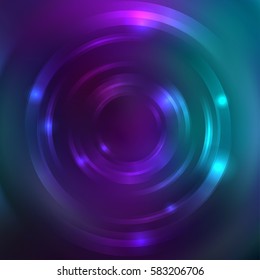Vector round frame.  Shining circle banner. Vector design. Glowing spiral. Black, purple, green colors. 