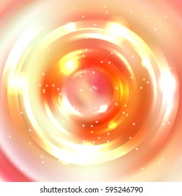 Vector round frame. Shining circle banner. Glowing spiral. Vector illustration. Yellow, red, orange colors. 