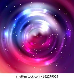 Vector round frame. Shining circle banner. Vector design. Glowing spiral. Blue, purple, pink colors.