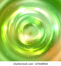 Vector round frame. Shining circle banner. Vector design. Glowing spiral. Yellow, green colors.