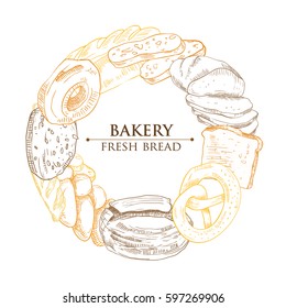 Vector round frame with sketch of bakery (loaf, bun, bread, pretzel, croissant, donut). Wreath.Card, badge, banner, plate, poster design with hand drawn food illustration.