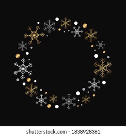 Vector round frame with snowflakes and dots. Isolated golden and white snowflakes arranged in a circle. Gold collection for winter decor. Holiday wreath for new year design.