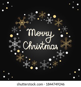 Vector round frame with snowflakes and dots. Merry Christmas hand drawn letters in the wreath. Isolated golden and white snowflakes arranged in a circle. Holiday wreath for new year design.