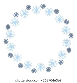 Marco redondo de Vector de copos de nieve aislados sobre fondo blanco. Adecuado para el diseño de Navidades de pegatinas, etiquetas, tarjetas.