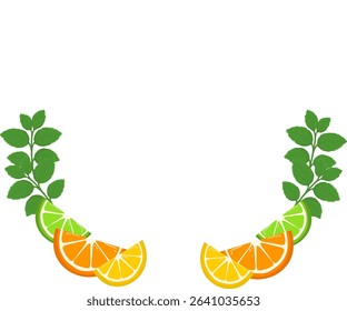 Vector round frame with a sprig of mint and juicy citrus slices: orange, linome, lime. Summer citrus wreath. Vector isolated illustration on a transparent background.
