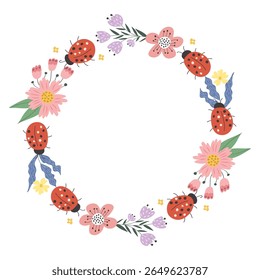 Moldura redonda de vetor com flores de primavera e joaninhas. Ilustração de inseto de jardim bonito para design de cartão de saudação ou casamento convite borda.
