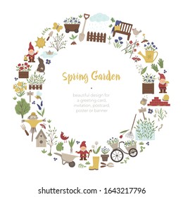 Vector round frame with springy garden tools, flowers, herbs, plants. Gardening elements banner or party invitation framed in circle. Cute funny spring wreath card template