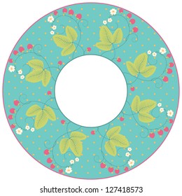 Vector round frame. Strawberry plants with berries and flowers. Polka dot.