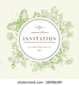 Vector round frame with summer flowers and a butterfly in vintage style. Pansies, daisies, dahlia.