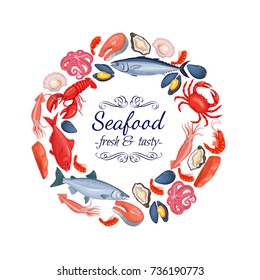 Vector round frame template seafood page design with mussel, fish salmon, shrimp. Lobster, squid, octopus, scallop, lobster, craps, mollusk, oyster, alfonsino and tuna for product market.