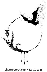 vector round frame with thistle and raven in black and white