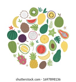 Vector round frame with tropical fruit and berries with slices and halves. Jungle foliage banner design framed in circle. Cute funny card template with exotic plants