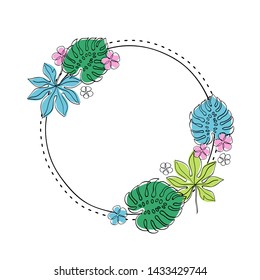 Vector round frame with tropical leaves and flowers. Quote background design.