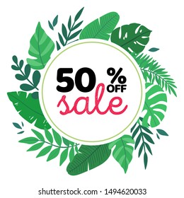 Vector round frame with tropical leaves and place for text. Template with green palm leaf. Decorative pattern with exotic plants in natural style for the design of invitations, sales, flyers.