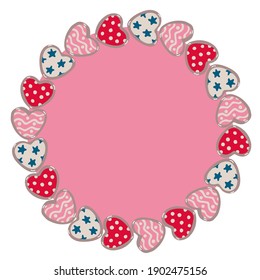 Vector round frame with Valentine's day decorations in hand drawn flat style. Illustration of hearts decorated with patterns, stars, polka dots. Pink background. 