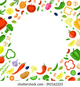 Vector round frame from vegetables. Healthy natural vegetarian food. Flat. Organic fresh product.  Frame.