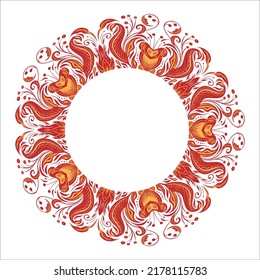 Marco circular vectorial con adorno floral vintage y lugar para texto. Brisa barroca con flores rojas y amarillas, follaje y rizos aislados de fondo. Borde de círculo de damasco de lujo 