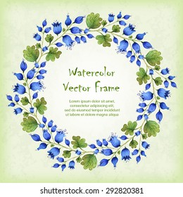 Vector round frame with watercolor blue bell-flowers. Place for your text. Perfect for greetings, invitations, announcement, web design.