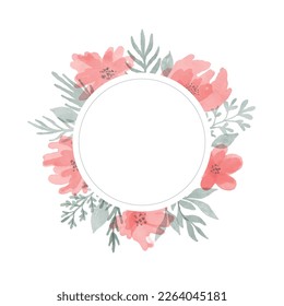 Vector round frame with watercolor flowers and leaves on white background in pastel colors