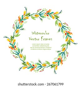 Vector round frame with watercolor  flowers on white background. Place for your text. Perfect for greetings, invitations, announcement, web design.