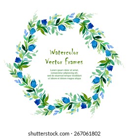 Vector round frame with watercolor  flowers on white background. Place for your text. Perfect for greetings, invitations, announcement, web design.