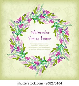 Vector round frame with watercolor  flowers on white background. 