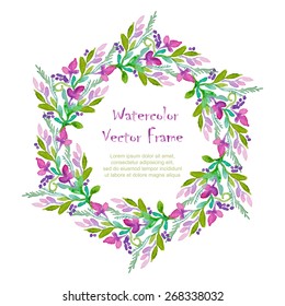 Vector round frame with watercolor  flowers on white background. 