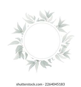 Vector round frame with watercolor leaves on white background in pastel colors