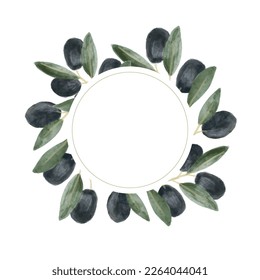 Vector round frame with watercolor olive brunch on white background 