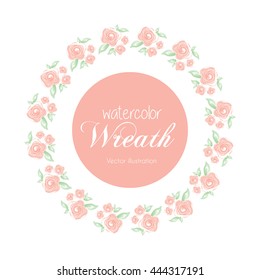 Vector round frame with watercolor pink roses. Hand draw floral border.