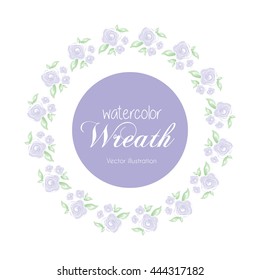Vector round frame with watercolor purple roses. Hand draw floral border.
