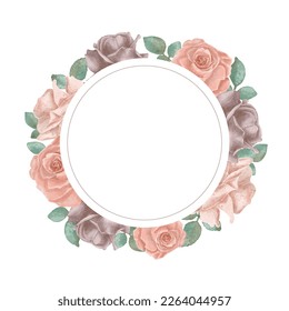 Vector round frame with watercolor rose flowers on white background in pastel colors