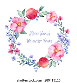 Vector round frame of watercolor roses. pomegranate and berries. Watercolor illustration wreath of flowers. Can be used as a greeting card for background, birthday, mother's day and so on.