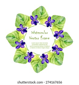 Vector round frame with watercolor violet on white background. Place for your text. Perfect for greetings, invitations, save the date, wedding card, announcement, web design.