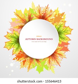 Vector round frame. White paper, sparks and autumn maple leaves. Hand-drawing watercolor colored pencils. Place for your text.