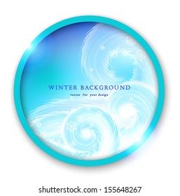 Vector round frame. Winter background. Beautiful frosty curls and snowflakes. Place for your text.