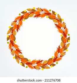 Vector round frame or a wreath with autumn decor made of colorful fall leaves and branches drawn in modern flat style and is great for a wedding invitation card