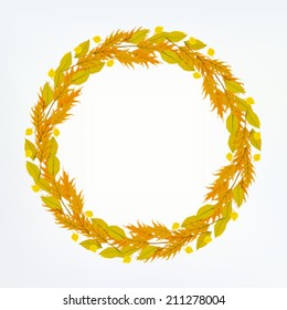 Vector round frame or a wreath with autumn decor made of colorful fall leaves and branches drawn in modern flat style and is great for a wedding invitation card