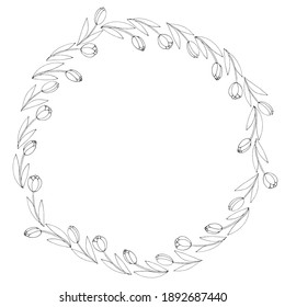 Vector round frame, wreath from outline tulips. Spring flowers. Hand drawn doodle isolated. Background, border, decoration for greeting card, invitation, Valentine's, Women's or Mother day