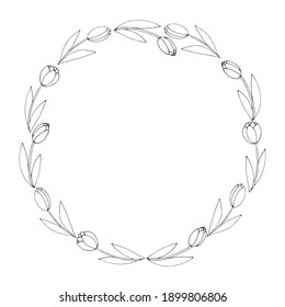 Rundrahmen für Vektorgrafik, Kranz aus Umrissen. Frühlingsblumen. Handgezeichnetes Doodle einzeln. Hintergrund, Grenze, Einrichtung für Grußkarte, Einladung, Valentinstag, Frauentag oder Muttertag