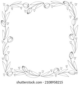 Vector round frame, wreath from outline tulips and hearts. Spring flowers. Hand drawn doodle isolated. Background, border, decoration for greeting card, invitation, Valentine's, Women's or Mother day.