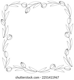 Vector round frame, wreath from outline tulips. Spring flowers. Hand drawn doodle isolated. Background, border, decoration for greeting card, Valentine's, Women's or Mother day.