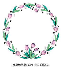 Vector round frame, wreath from pink tulips and hearts. Spring flowers. Hand drawn doodle isolated. Background, border, decoration for greeting card, invitation, Valentine's, Women's or Mother day